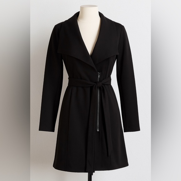 WOMEN’S BLACK LONG COAT SIZE 1XL – BELTED – TRENCH STYLE - Picture 1 of 10